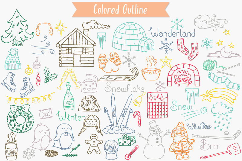 winter-season-color-doodles-mittens-igloo-snowman-penguin-sport