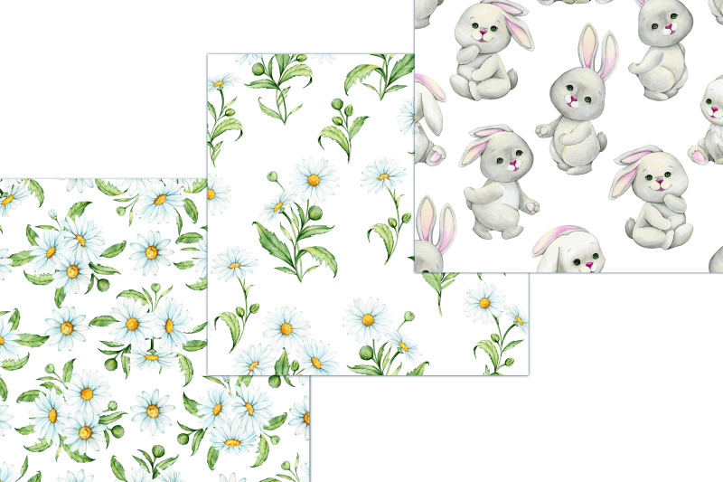 bunny-and-daisies-digital-papers-pack-watercolor-chamomile-spring-fl