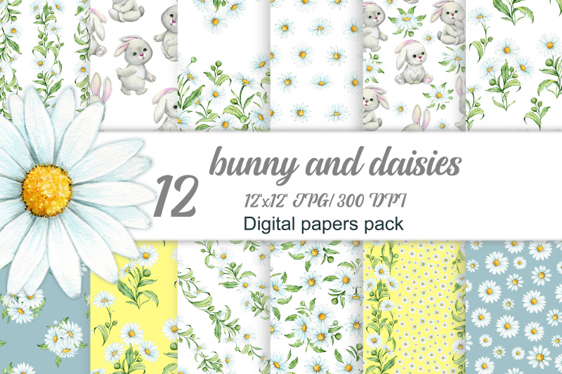 bunny-and-daisies-digital-papers-pack-watercolor-chamomile-spring-fl