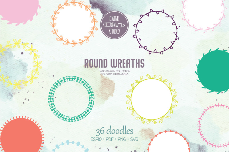 color-wreaths-hand-drawn-round-frames-floral-borders-laurel