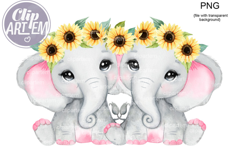 twins-girl-elephants-sunflower-png-yellow-pink-twins-sublimation