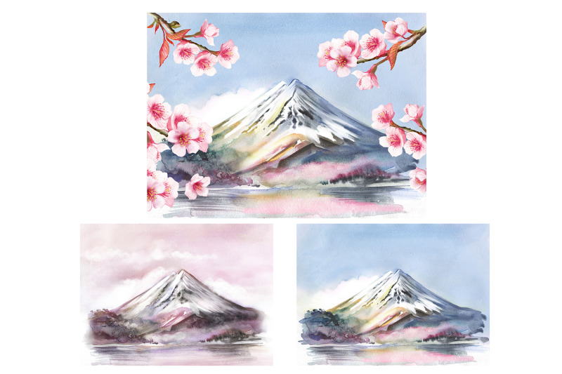 sakura-watercolor-set-landscape-mountains-blooming-cherry