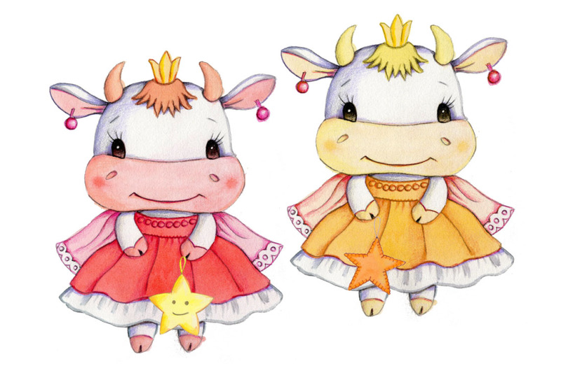 cow-princesses-with-stars-watercolor-illustration