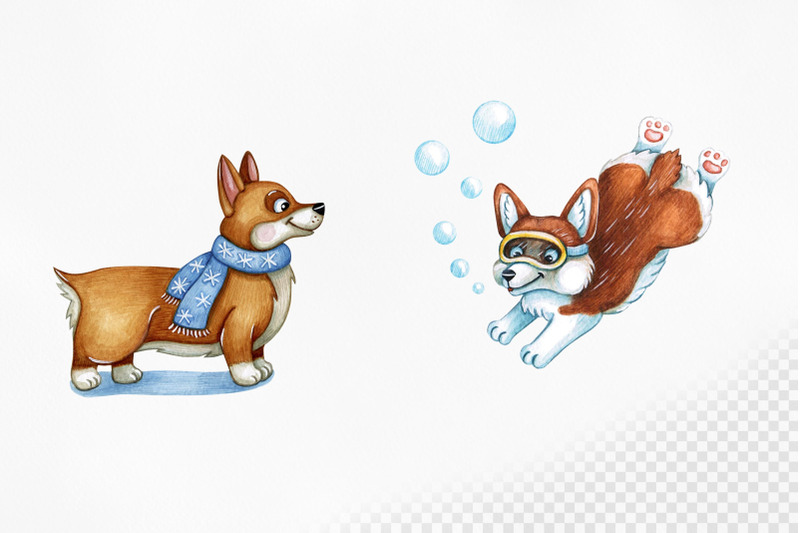 happy-corgi-watercolor-illustrations-set-funny-dog