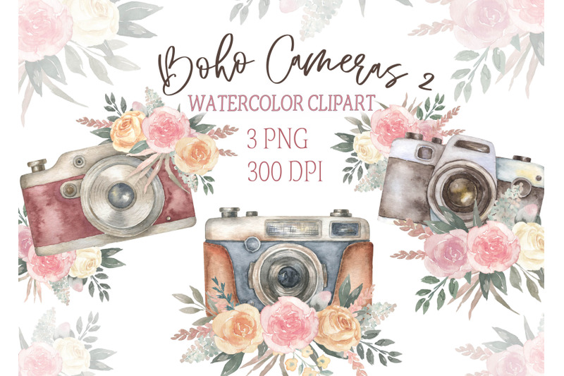 watercolor-vintage-boho-camera-with-roses-clipart-retro-cameras-clip