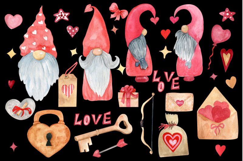 valentine-gnomes-clipart-watercolor-heart-lock
