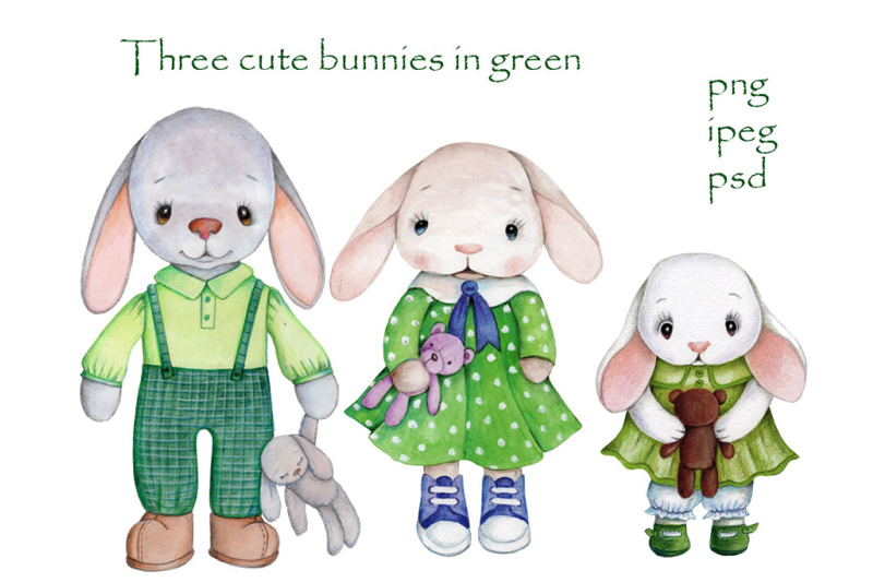three-cute-bunnies-rabbits-in-green-watercolor-illustrations