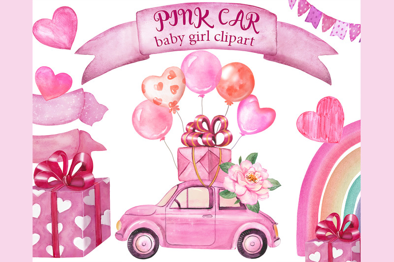 watercolor-pink-car-clipart-retro-car-for-girl-car-with-balloons