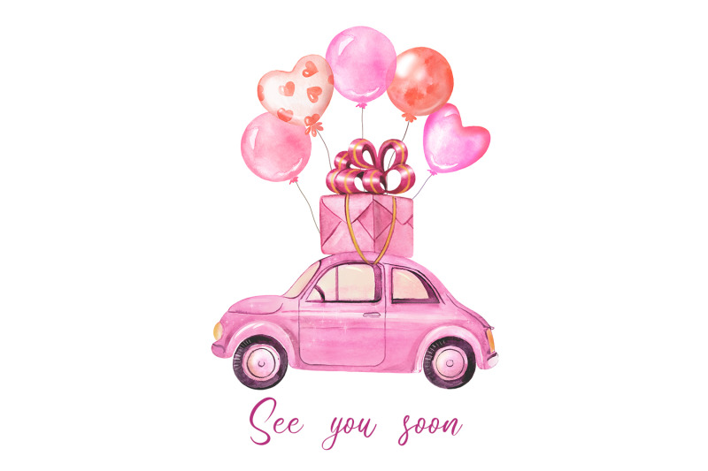 watercolor-pink-car-clipart-retro-car-for-girl-car-with-balloons