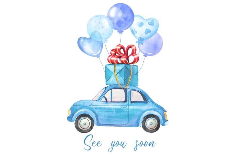 watercolor-blue-car-clipart-retro-car-for-boy-car-with-balloons