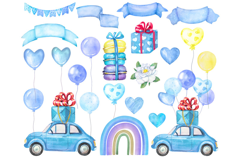 watercolor-blue-car-clipart-retro-car-for-boy-car-with-balloons