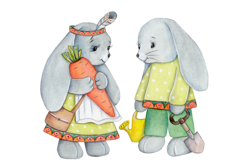 bunnies-in-garden-watercolor-hand-drawn-sketch-illustration