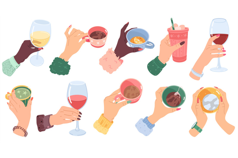 hands-holding-drinks-different-cups-mugs-and-wine-glasses-in-female