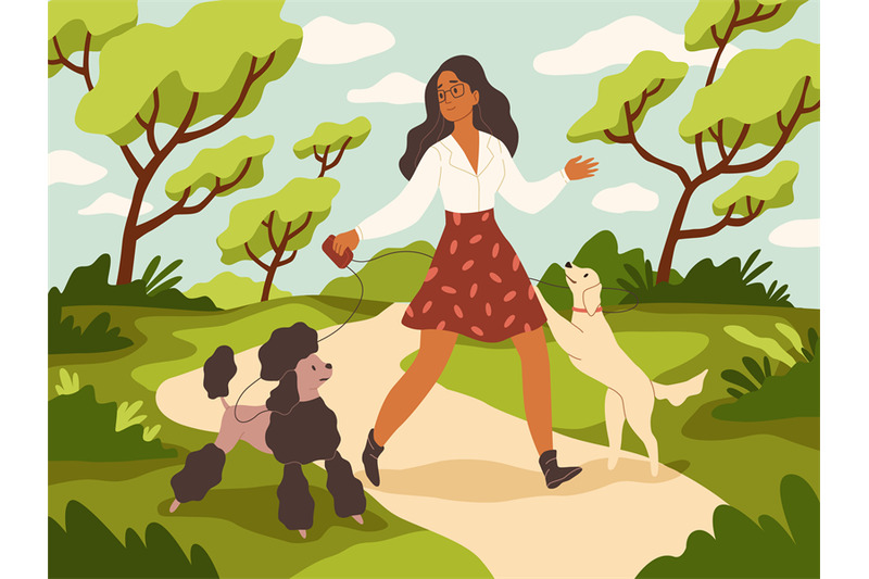 walk-with-dog-young-woman-and-happy-dogs-on-leashes-in-city-park-own