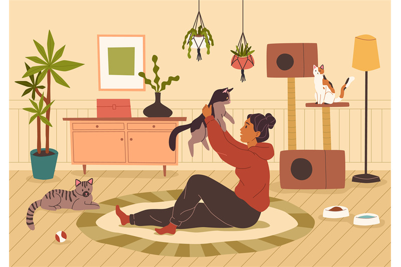 pet-at-home-young-woman-with-different-cats-at-cozy-home-interior-sm