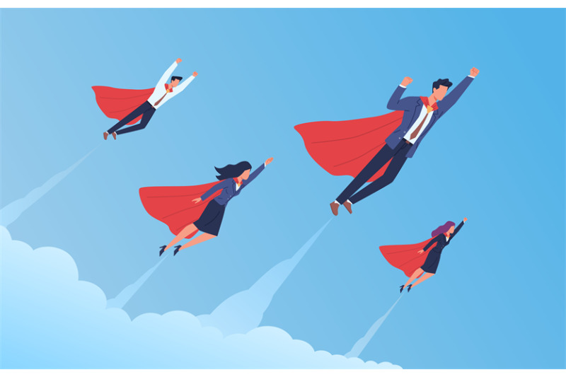 super-businessman-team-flying-men-and-women-in-flowing-capes-and-suit