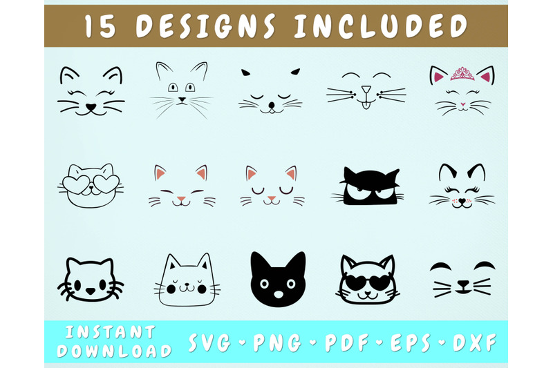 15 Cat Face SVG Bundle, Cricut Cut Files EPS Include