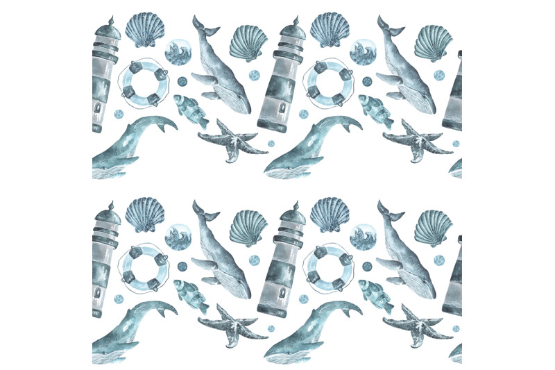 sea-watercolor-seamless-pattern-ocean-sea-whales-fish-lighthouse