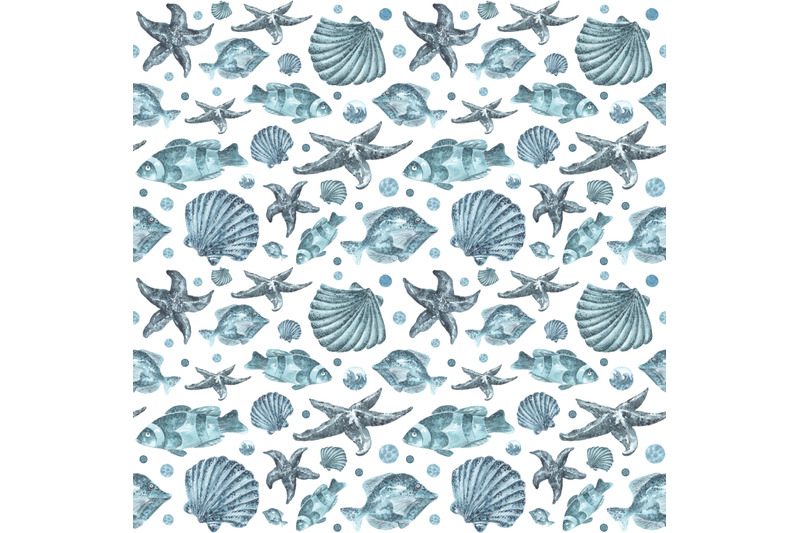 underwater-world-watercolor-seamless-pattern-fish-shells-starfish