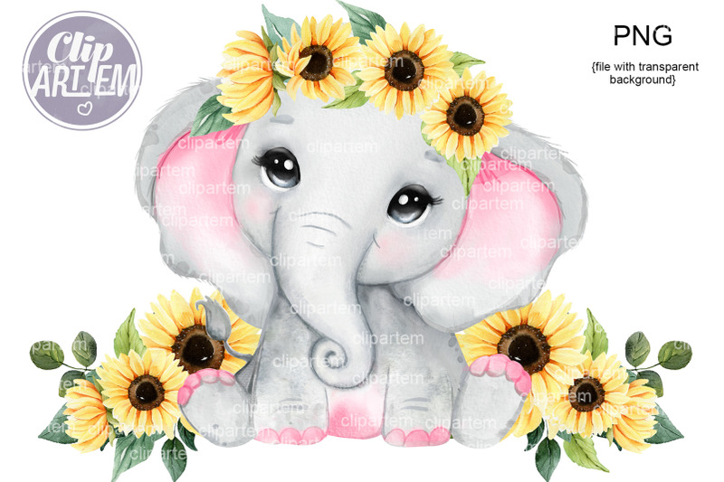 rustic-watercolor-pink-baby-girl-elephant-sunflower-crown-png-clip-art