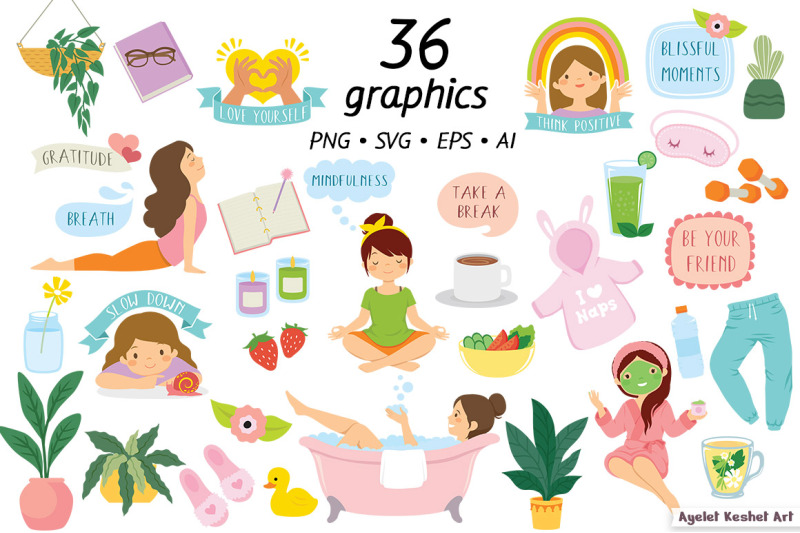 self-care-clipart-set-yoga-relaxation-positivity-and-self-love