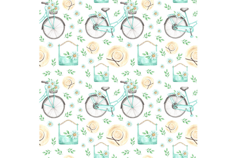 watercolor-seamless-pattern-summer-vacation-bicycle-straw-hat