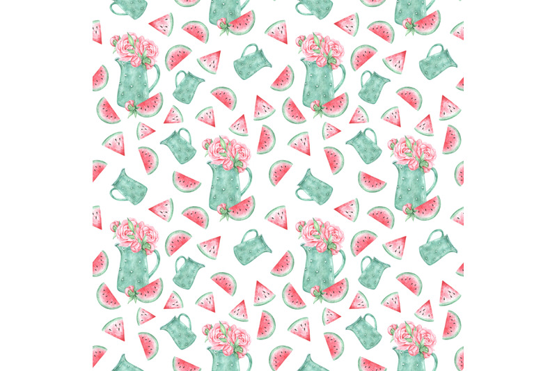 summer-picnic-watercolor-seamless-pattern-watermelon-jug-peonies