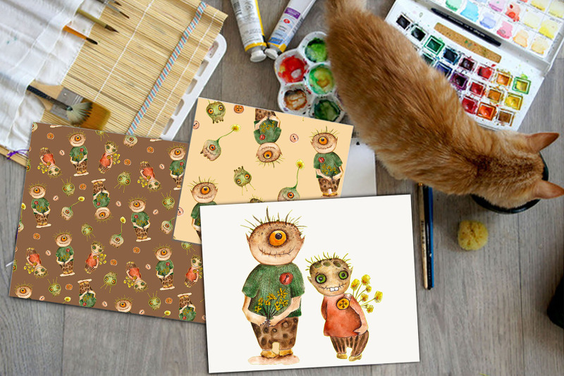 watercolor-collection-of-cute-monsters