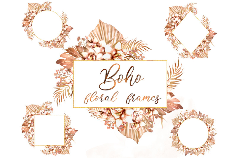 boho-jungle-floral-frames-dried-tropical-leaves-orchids-boho-wedding