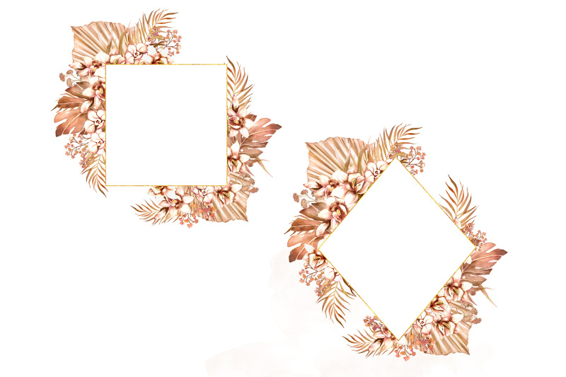 boho-jungle-floral-frames-dried-tropical-leaves-orchids-boho-wedding