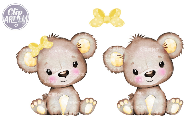 yellow-baby-bear-with-bow-png-vector-watercolor-clip-art