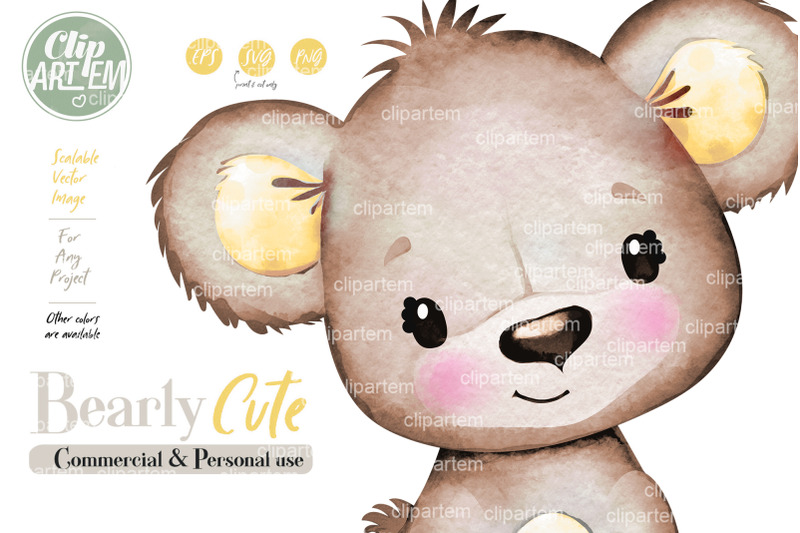 yellow-baby-bear-with-bow-png-vector-watercolor-clip-art