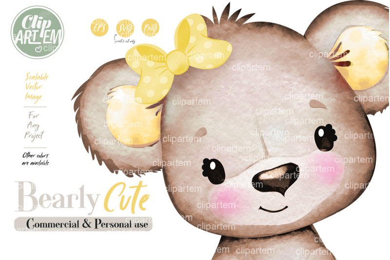 yellow-baby-bear-with-bow-png-vector-watercolor-clip-art