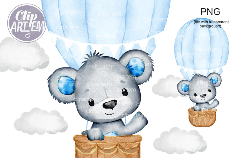 cute-baby-boy-bear-in-blue-hot-air-balloon-watercolor-png-clip-art