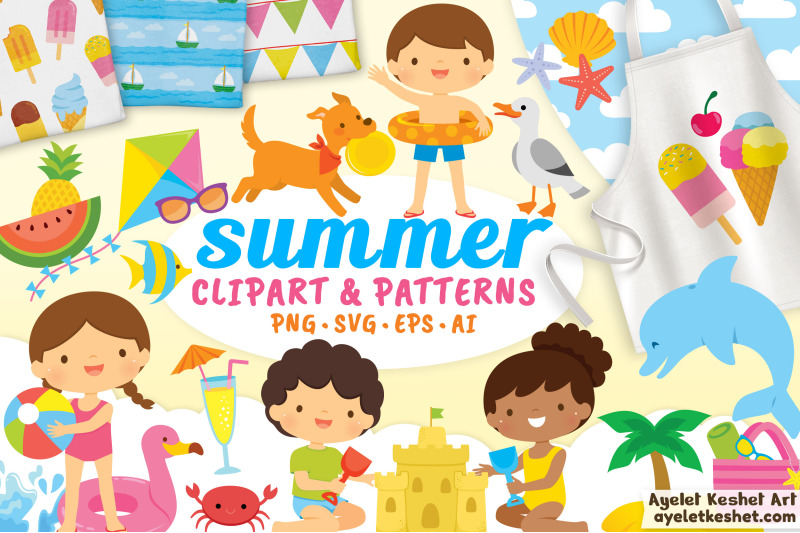 summer-clipart-beach-clipart-with-seamless-patterns