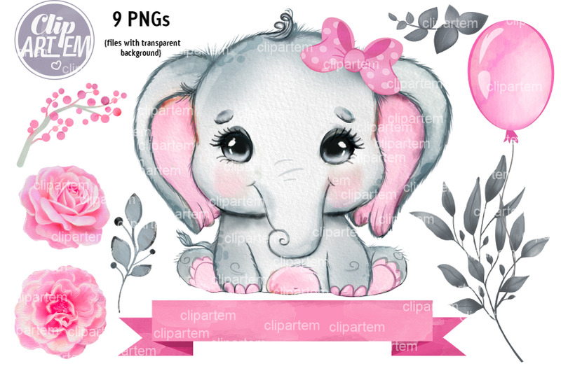 baby-elephant-girl-pink-bundle-watercolor-pink-gray-floral-clip-art