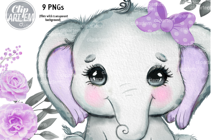 baby-girl-elephant-purple-bundle-9-png-watercolor-sweet-baby-elephant