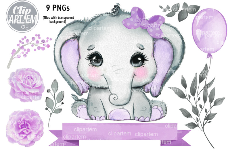 baby-girl-elephant-purple-bundle-9-png-watercolor-sweet-baby-elephant