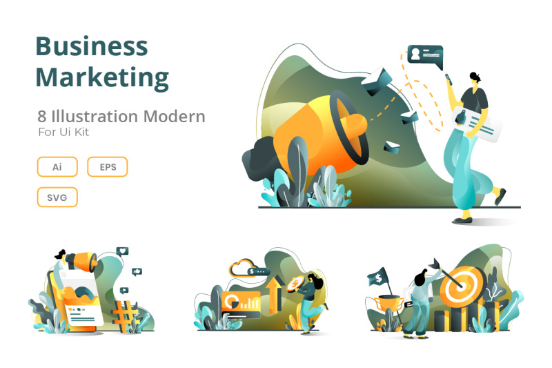 business-online-marketing-set-flat-illustration