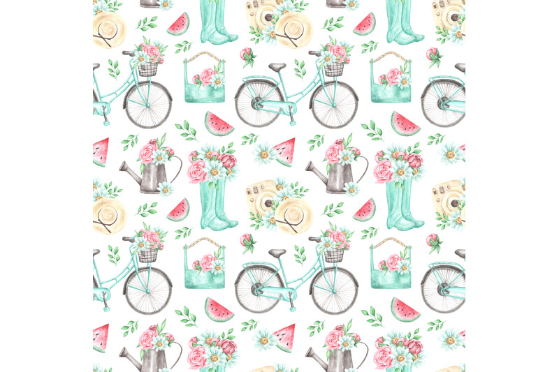 summer-watercolor-seamless-pattern-provence-pattern-bicycle-camera