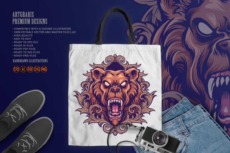 angry-bear-mascot-with-ornaments-illustrations