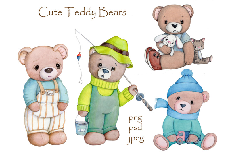 four-cute-teddy-bears-watercolor-llustrations