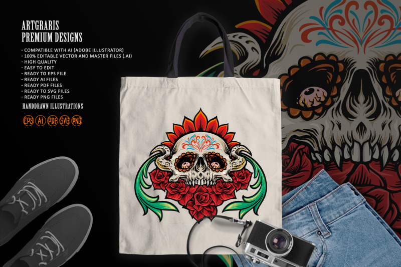 calavera-mexican-sugar-skull-muertos-with-flowers