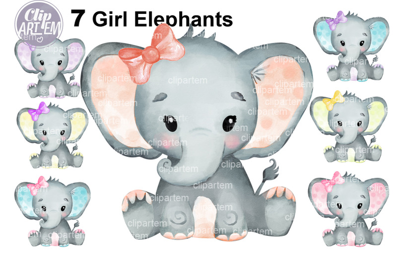7-hand-painted-watercolor-baby-girl-elephants-bundle
