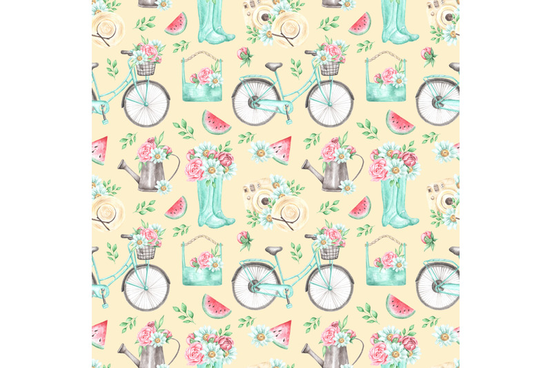 summer-vacation-watercolor-seamless-pattern-bicycle-with-basket