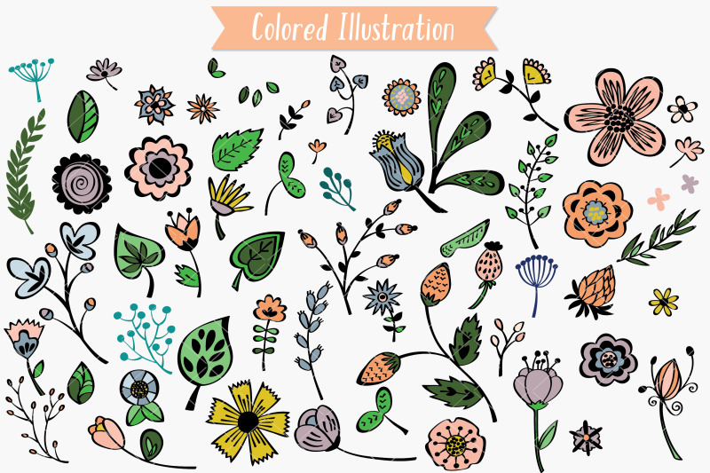 colored-flowers-amp-leaves-hand-drawn-wild-flower-nature-plants