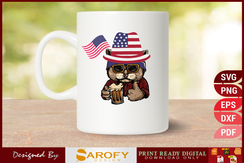 vector-cat-design-with-usa-flag-hat-beer-lover-svg-design