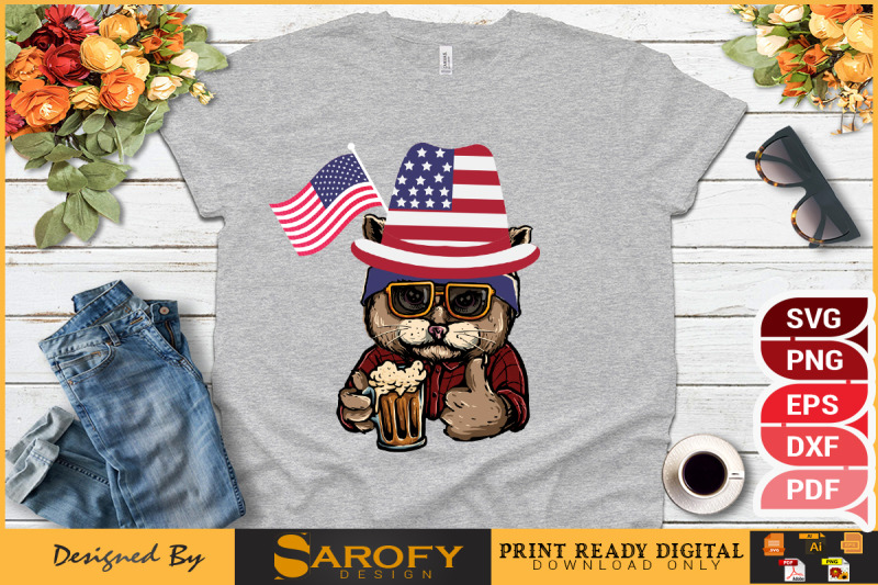 vector-cat-design-with-usa-flag-hat-beer-lover-svg-design