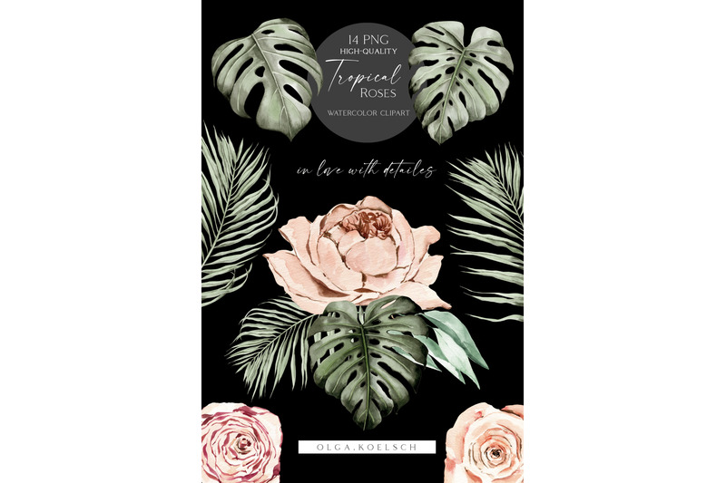 boho-tropical-clipart-watercolor-boho-roses-clipart-palm-leaves-png