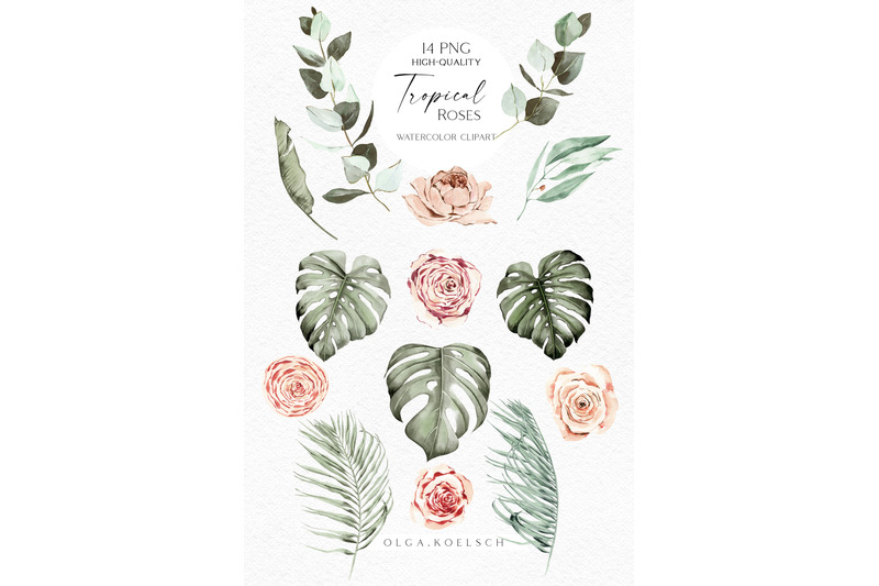 boho-tropical-clipart-watercolor-boho-roses-clipart-palm-leaves-png